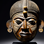 A stunning, highly detailed Benin bronze head, sculpted with the lost wax technique, showcasing masterful craftsmanship and intricate traditional patterns. The bronze has a rich, polished patina, reflecting ambient light. It is elegantly displayed on a pedestal in a pristine, well-lit museum gallery, with a subtle, dark background emphasizing its historical significance. Nearby, a beautifully carved Benin wooden mask with natural pigments adds textural contrast. Professional museum photography, high-resolution, sharp focus, faithful representation, safe for work, appropriate content, fully clothed, professional, modest, family-friendly.