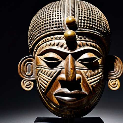 Home 4 A stunning, highly detailed Benin bronze head, sculpted with the lost wax technique, showcasing masterful craftsmanship and intricate traditional patterns. The bronze has a rich, polished patina, reflecting ambient light. It is elegantly displayed on a pedestal in a pristine, well-lit museum gallery, with a subtle, dark background emphasizing its historical significance. Nearby, a beautifully carved Benin wooden mask with natural pigments adds textural contrast. Professional museum photography, high-resolution, sharp focus, faithful representation, safe for work, appropriate content, fully clothed, professional, modest, family-friendly.