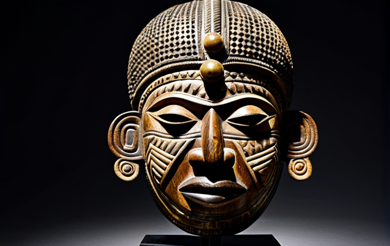 A stunning, highly detailed Benin bronze head, sculpted with the lost wax technique, showcasing masterful craftsmanship and intricate traditional patterns. The bronze has a rich, polished patina, reflecting ambient light. It is elegantly displayed on a pedestal in a pristine, well-lit museum gallery, with a subtle, dark background emphasizing its historical significance. Nearby, a beautifully carved Benin wooden mask with natural pigments adds textural contrast. Professional museum photography, high-resolution, sharp focus, faithful representation, safe for work, appropriate content, fully clothed, professional, modest, family-friendly.