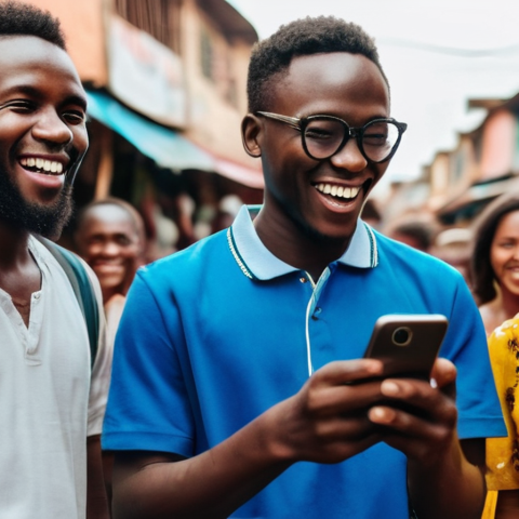 베냉의 소셜미디어 트렌드 - A group of cheerful young Beninese people, aged 18-25, gathered outdoors in a bustling, colorful mar...