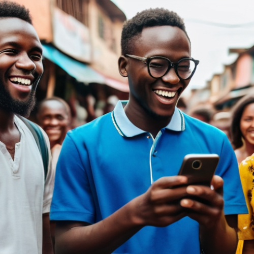 베냉의 소셜미디어 트렌드 - A group of cheerful young Beninese people, aged 18-25, gathered outdoors in a bustling, colorful mar...