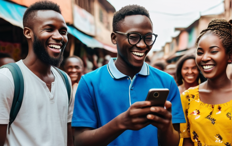 베냉의 소셜미디어 트렌드 - A group of cheerful young Beninese people, aged 18-25, gathered outdoors in a bustling, colorful mar...