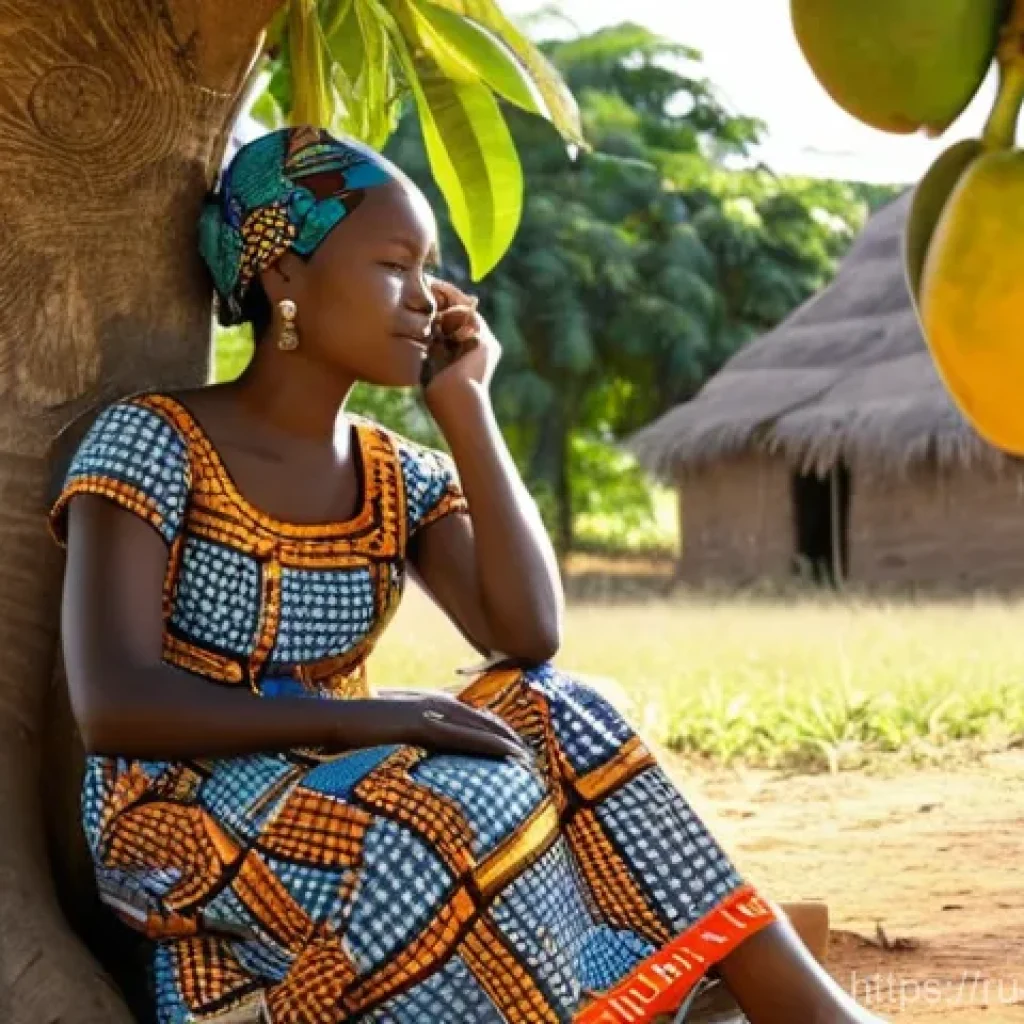 베냉의 주요 신문과 미디어 - **Prompt:** A serene scene in a vibrant Beninese village. A young woman, dressed in a colorful, mode...