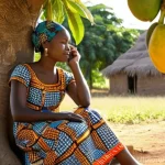 베냉의 주요 신문과 미디어 - **Prompt:** A serene scene in a vibrant Beninese village. A young woman, dressed in a colorful, mode...