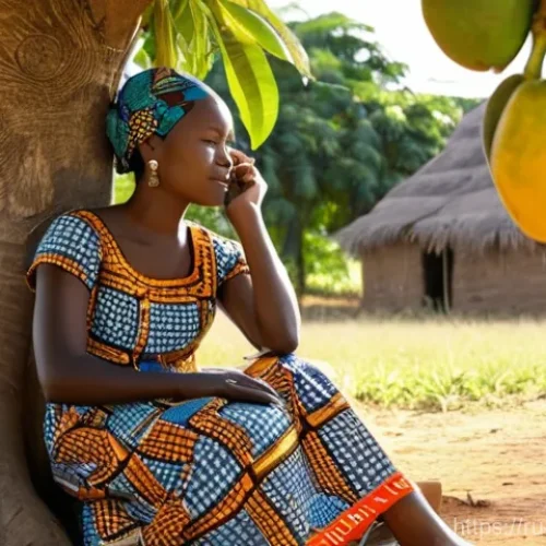 베냉의 주요 신문과 미디어 - **Prompt:** A serene scene in a vibrant Beninese village. A young woman, dressed in a colorful, mode...