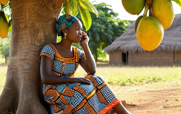 베냉의 주요 신문과 미디어 - **Prompt:** A serene scene in a vibrant Beninese village. A young woman, dressed in a colorful, mode...