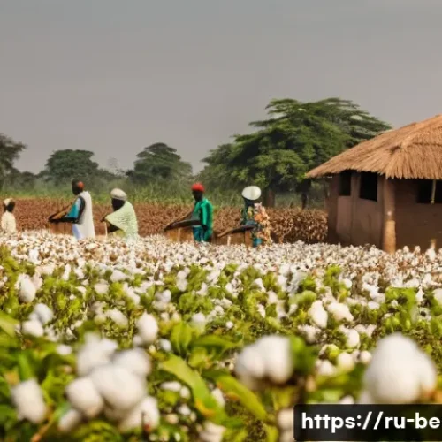 베냉의 주요 수출품 - A panoramic view of vast cotton fields in Benin, bathed in warm golden hour sunlight. Local farmers,...