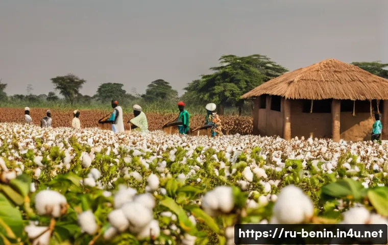 베냉의 주요 수출품 - A panoramic view of vast cotton fields in Benin, bathed in warm golden hour sunlight. Local farmers,...