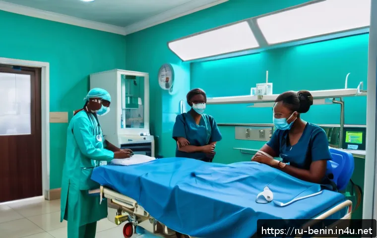 베냉에서의 의료 서비스 - A modern urban hospital scene in Cotonou, Benin, showing a well-equipped emergency room with interna...