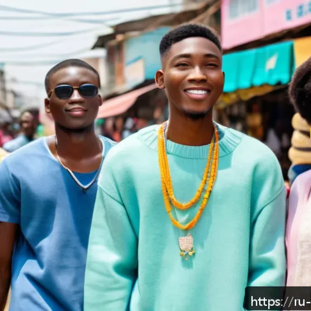 베냉에서 한국 드라마 인기 - A vibrant urban street scene in Cotonou, Benin, featuring young adults dressed in Korean drama-inspi...