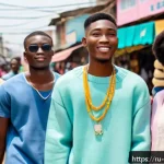 베냉에서 한국 드라마 인기 - A vibrant urban street scene in Cotonou, Benin, featuring young adults dressed in Korean drama-inspi...