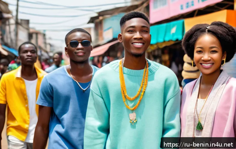 베냉에서 한국 드라마 인기 - A vibrant urban street scene in Cotonou, Benin, featuring young adults dressed in Korean drama-inspi...