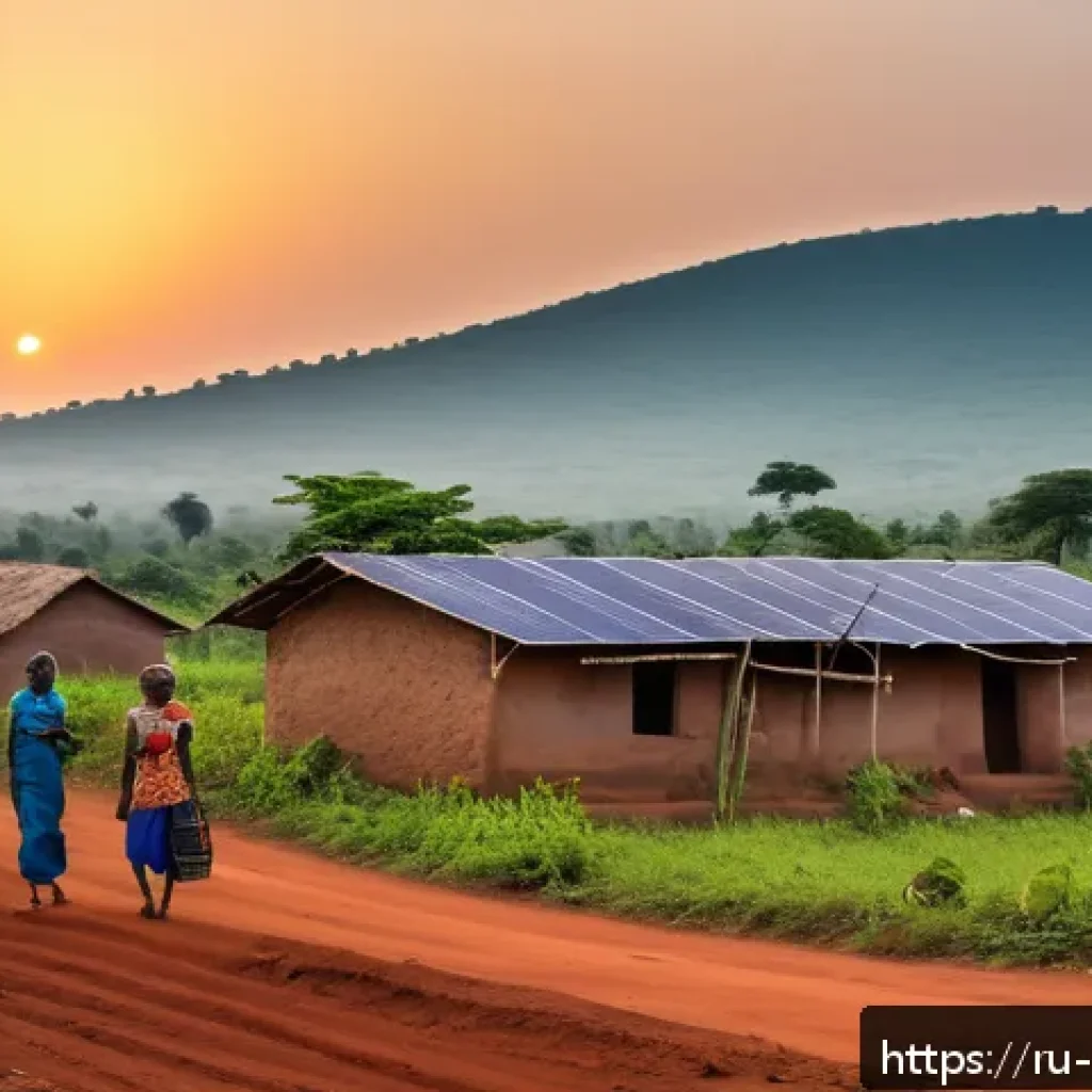 베냉의 전력과 에너지 산업 - A vibrant rural village scene in Benin at sunset, showcasing a small solar mini-grid powering homes ...