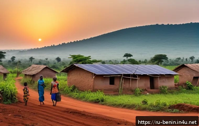 베냉의 전력과 에너지 산업 - A vibrant rural village scene in Benin at sunset, showcasing a small solar mini-grid powering homes ...