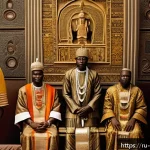 베냉 왕국과 다호메이 제국 - A majestic West African royal court scene set in the ancient Kingdom of Benin, showcasing the Oba (k...