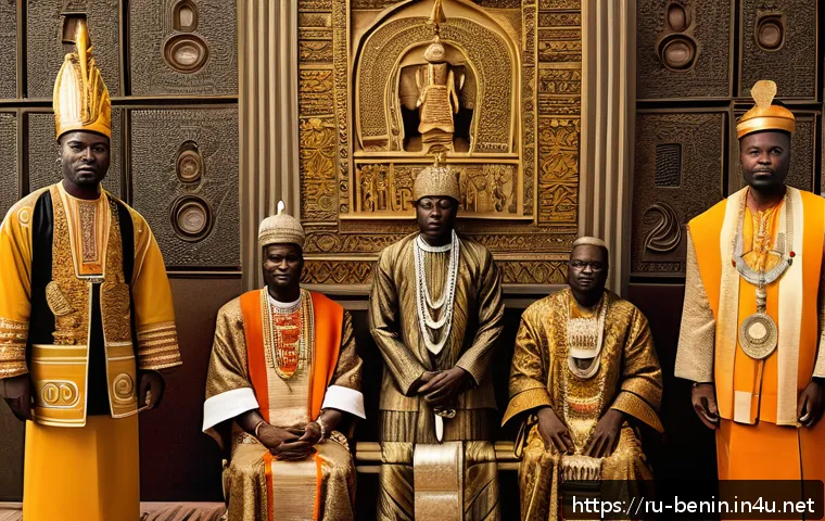 베냉 왕국과 다호메이 제국 - A majestic West African royal court scene set in the ancient Kingdom of Benin, showcasing the Oba (k...