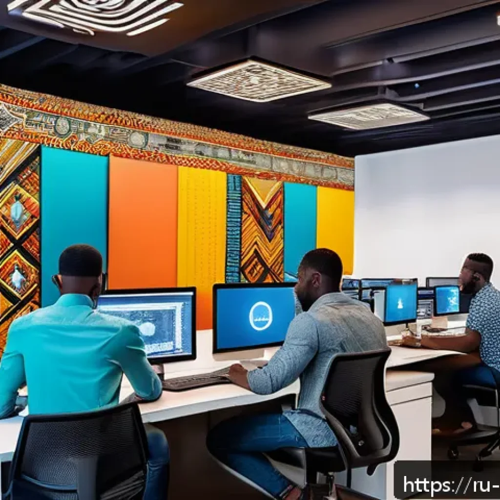 베냉에서 인기 있는 직업 - A modern Beninese IT workspace featuring diverse young professionals coding and collaborating on sof...