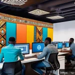베냉에서 인기 있는 직업 - A modern Beninese IT workspace featuring diverse young professionals coding and collaborating on sof...