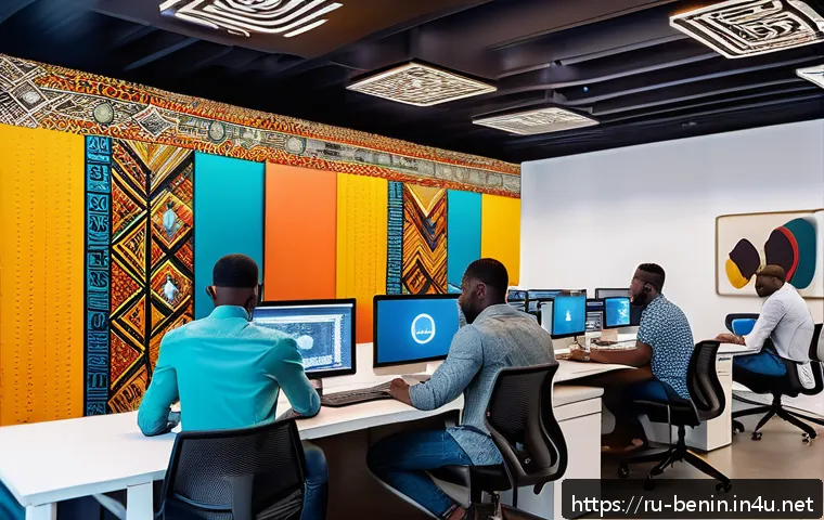 베냉에서 인기 있는 직업 - A modern Beninese IT workspace featuring diverse young professionals coding and collaborating on sof...