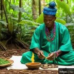 베냉의 전통 의학과 현대 의료 - A traditional Beninese healer (bokono) performing a spiritual healing ritual outdoors in a lush, gre...