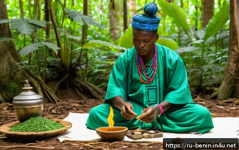 베냉의 전통 의학과 현대 의료 - A traditional Beninese healer (bokono) performing a spiritual healing ritual outdoors in a lush, gre...