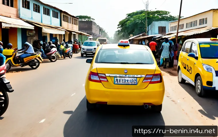 Home 16 베냉에서 자동차 운전 규칙 - Photorealistic street-level scene in Cotonou, Benin, showing a cautious driver in a modern compact c...