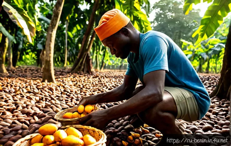 Home 16 베냉의 커피와 카카오 산업 - Photorealistic early-morning cacao harvest in rural Benin, West African farmer wearing practical fie...